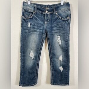 Rue 21 RIP Distressed Womens Capri Blue Jean Pants 3/4 Beach Summer Wear Stretch